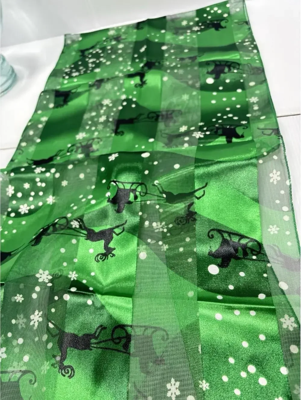 Christmas Reindeer Sleigh Scarf Green Holiday Winter Chiffon Festive Neck Wrap